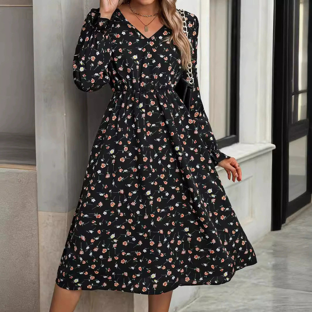 ZARA Ladies Elegant Floral Print Swing Dress Spring Autumn Cinched Waist Fashion